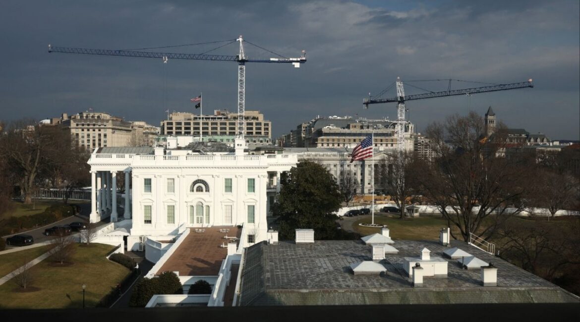 Cranes loom over the construction zone of U.S. President Donald Trump’s ballroom at the White House in Washington, D.C., U.S., February 25, 2026. (Reuters/Kevin Lamarque)