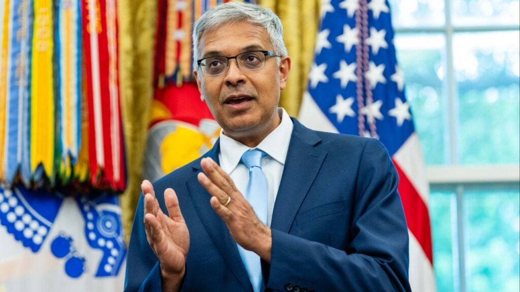 Director of the National Institutes of Health Jay Bhattacharya speaks as President Donald Trump signs executive orders and proclamations in the Oval Office at the White House in Washington, May 5, 2025. Bhattacharya, will take on the additional role of acting director of the Centers for Disease Control and Prevention, two administration officials said on Wednesday, Feb. 18, 2026. (Eric Lee/The New York Times)