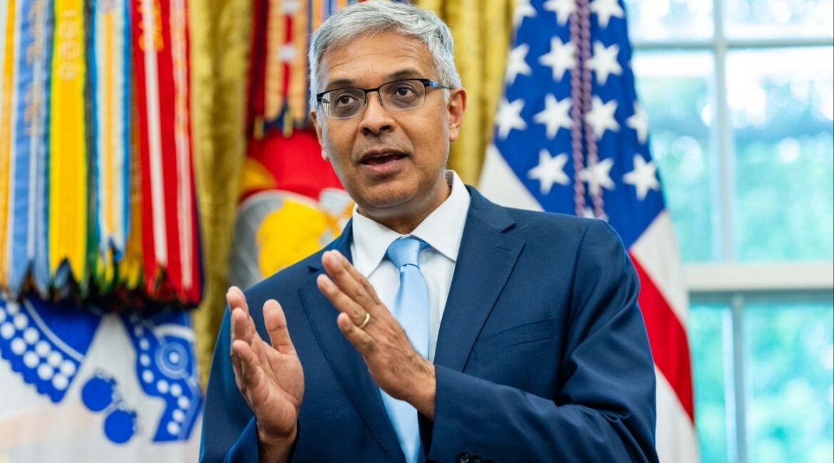 Director of the National Institutes of Health Jay Bhattacharya speaks as President Donald Trump signs executive orders and proclamations in the Oval Office at the White House in Washington, May 5, 2025. Bhattacharya, will take on the additional role of acting director of the Centers for Disease Control and Prevention, two administration officials said on Wednesday, Feb. 18, 2026. (Eric Lee/The New York Times)
