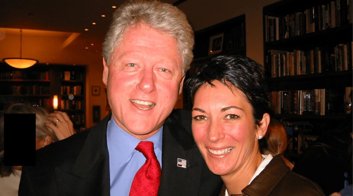 Image of former president Bill Clinton smiling in a blue shirt and jacket and red tie with Ghislaine Maxwell