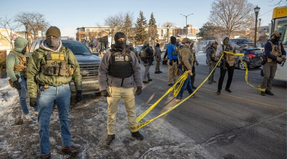 Federal agents block off the intersection of Nicollet Avenue and 26th Street as protestors gather for a rally, in Minneapolis, Jan. 24, 2026. New polls show that a vast majority of Republicans still support President Trump’s aggressive immigration enforcement, which led to the killing of two protesters in Minneapolis last month. (David Guttenfelder/The New York Times)