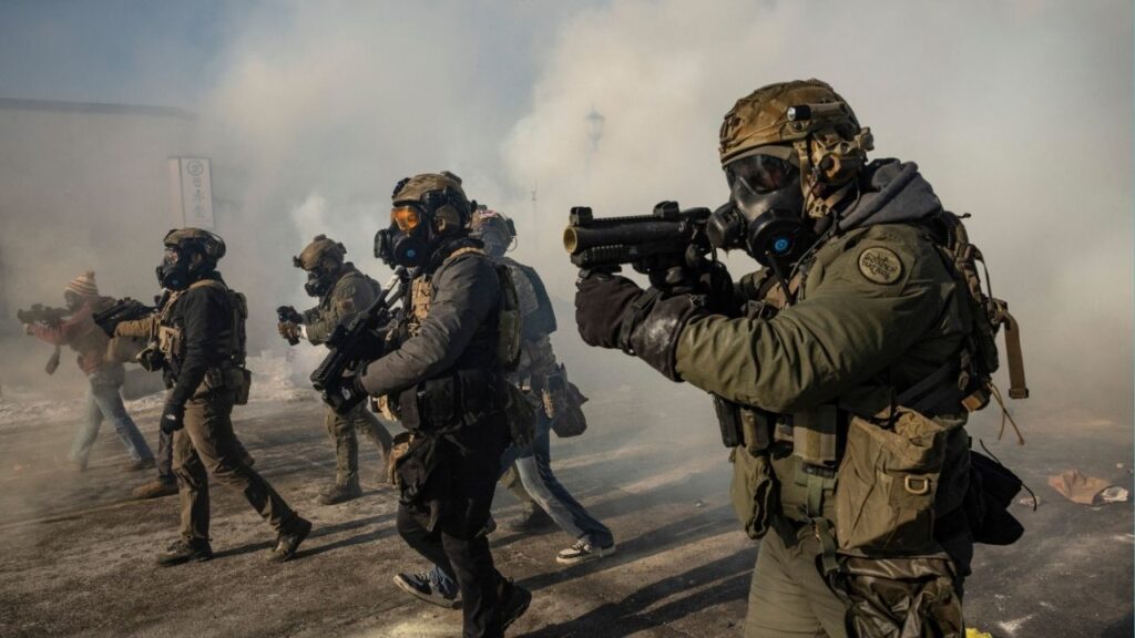 Federal agents confront protesters in Minneapolis, Jan. 24, 2026. A proposal in a 1987 law review article could address a gap that makes it all but impossible to sue federal officials for violating the Constitution. (David Guttenfelder/The New York Times)