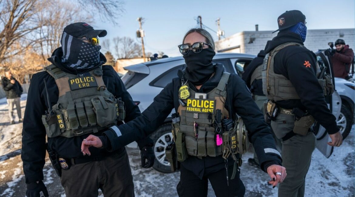 Federal agents detain a man outside his home in St. Paul, Minn., Jan. 27, 2026. Democrats say they will not support a spending bill needed to keep the Homeland Security Department running past Feb. 13 without new restrictions on federal agents who are carrying out President Trump’s immigration crackdown. (Victor J. Blue/The New York Times)
