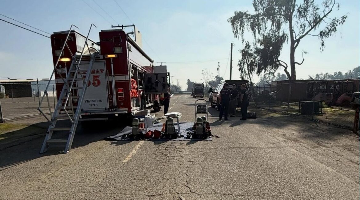 Fire crews from the Hanford and Visalia fire departments responded Wednesday, Feb. 4, 2026, to an unknown chemical release involving a city of Hanford trash truck, and authorities urged the public to avoid the area of Lacey Boulevard and 9 1/2 Avenue. (Hanford FD)
