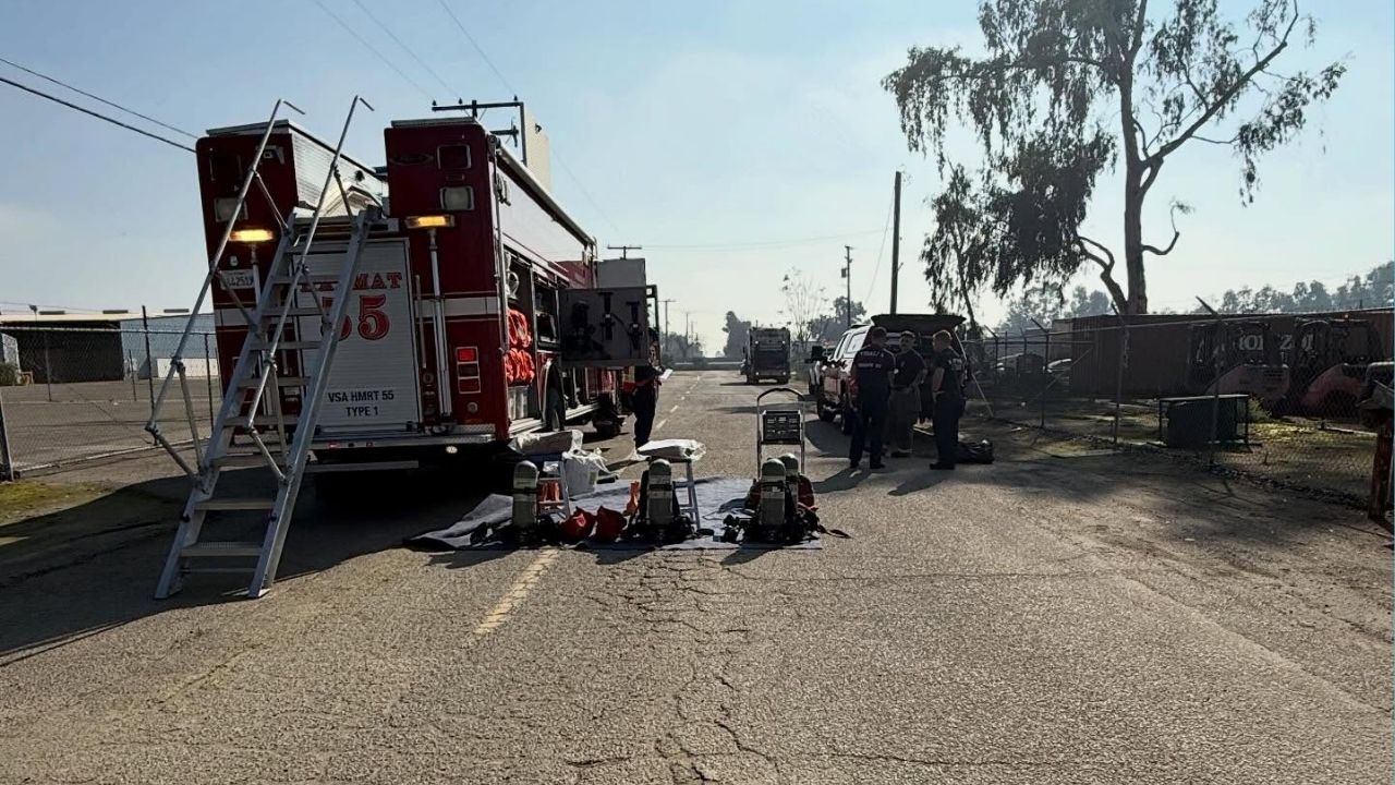 Fire crews from the Hanford and Visalia fire departments responded Wednesday, Feb. 4, 2026, to an unknown chemical release involving a city of Hanford trash truck, and authorities urged the public to avoid the area of Lacey Boulevard and 9 1/2 Avenue. (Hanford FD)