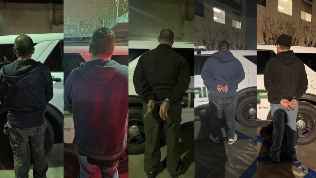 Five men were arrested in Visalia for soliciting prostitution, and four adult victims were rescued during a human trafficking detail by Tulare County detectives. (Tulare County SO)
