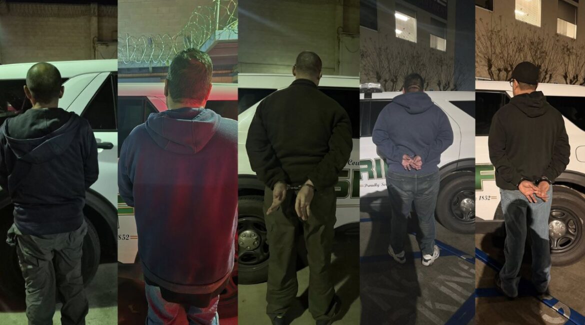 Five men were arrested in Visalia for soliciting prostitution, and four adult victims were rescued during a human trafficking detail by Tulare County detectives. (Tulare County SO)