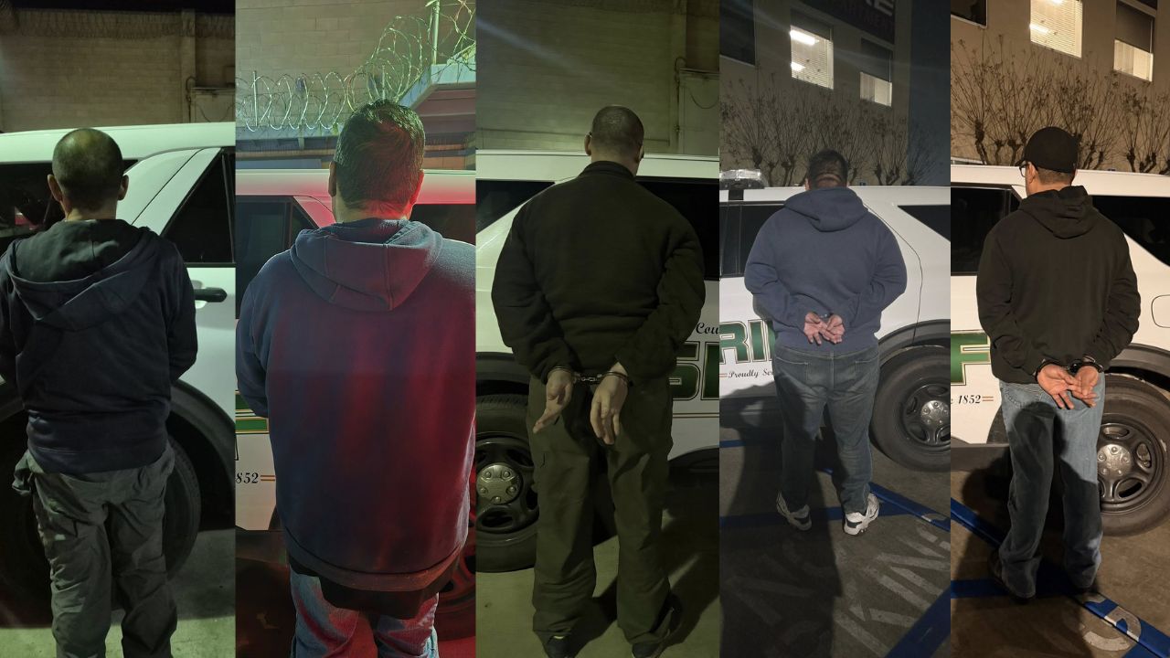 Five men were arrested in Visalia for soliciting prostitution, and four adult victims were rescued during a human trafficking detail by Tulare County detectives. (Tulare County SO)