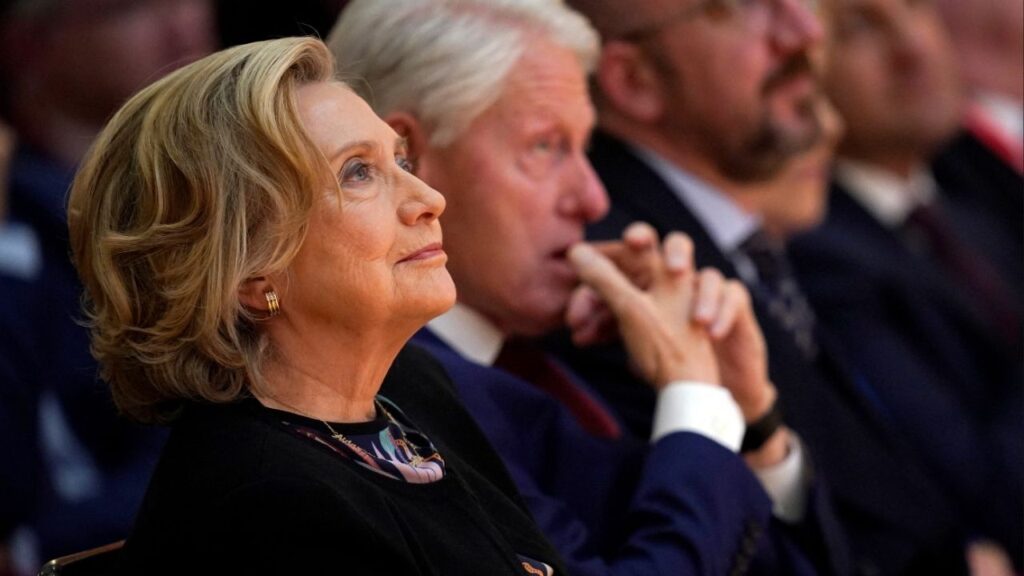 Former U.S. Secretary of State Hillary Clinton listens to speakers during the international conference to mark the 25th anniversary of the Good Friday Agreement, in Belfast, Northern Ireland, April 19, 2023. (Niall Carson/Pool via Reuters)