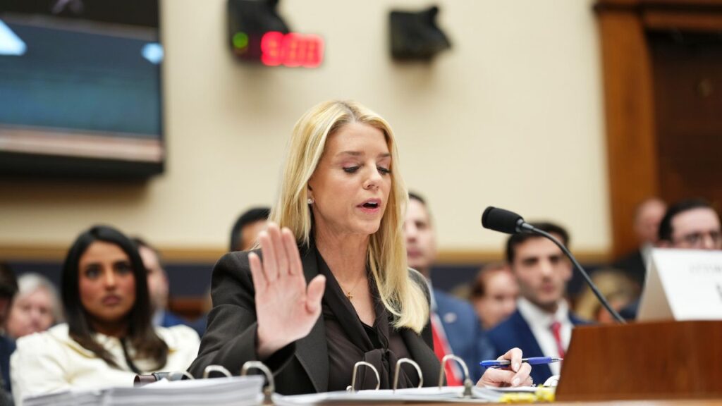 Attorney General Pam Bondi testifies during a House Judiciary Committee hearing on Capitol Hill in Washington, on Wednesday, Feb. 11, 2026. Bondi is expected to face bipartisan skepticism over her handling, and perceived bungling, of the release of the investigative files related to the convicted sex offender Jefferey Epstein. (Eric Lee/ The New York Times)
