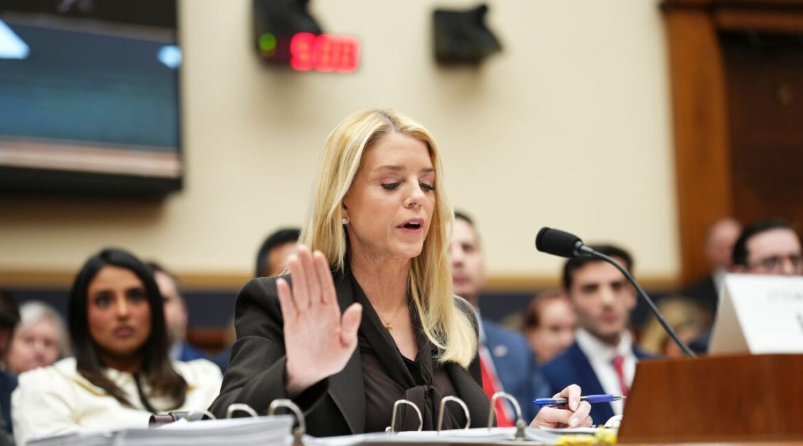 Attorney General Pam Bondi testifies during a House Judiciary Committee hearing on Capitol Hill in Washington, on Wednesday, Feb. 11, 2026. Bondi is expected to face bipartisan skepticism over her handling, and perceived bungling, of the release of the investigative files related to the convicted sex offender Jefferey Epstein. (Eric Lee/ The New York Times)