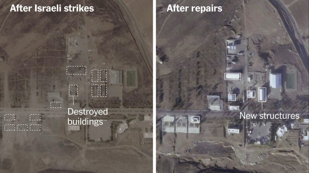 Images of a missile facility near Amand, Iran, at left on June 29, 2025 after Israeli airstrikes, and on Nov. 11, 2025, after repairs were made. Iran appears to have rapidly repaired several ballistic missile facilities damaged in strikes last year, but it has made only limited fixes to major nuclear sites struck by Israel and the United States, a New York Times analysis of satellite imagery suggests. (Planet Labs via The New York Times)