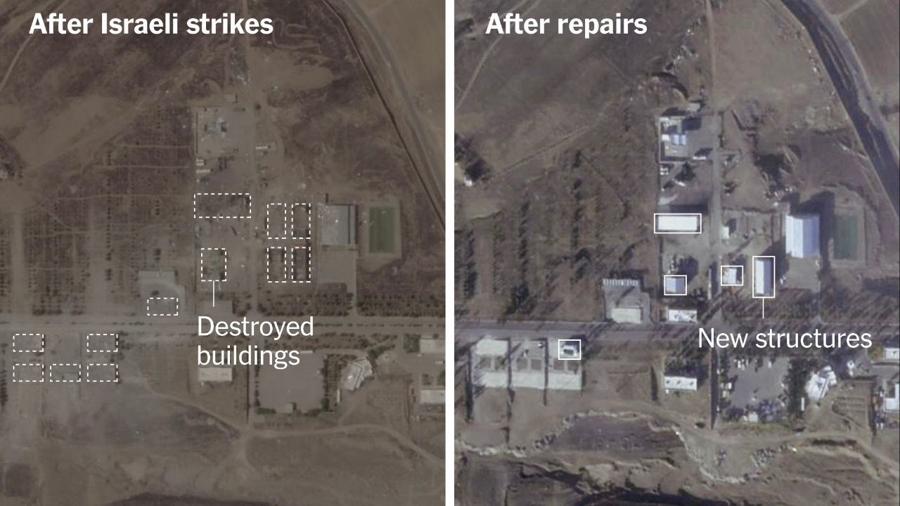 Images of a missile facility near Amand, Iran, at left on June 29, 2025 after Israeli airstrikes, and on Nov. 11, 2025, after repairs were made. Iran appears to have rapidly repaired several ballistic missile facilities damaged in strikes last year, but it has made only limited fixes to major nuclear sites struck by Israel and the United States, a New York Times analysis of satellite imagery suggests. (Planet Labs via The New York Times)