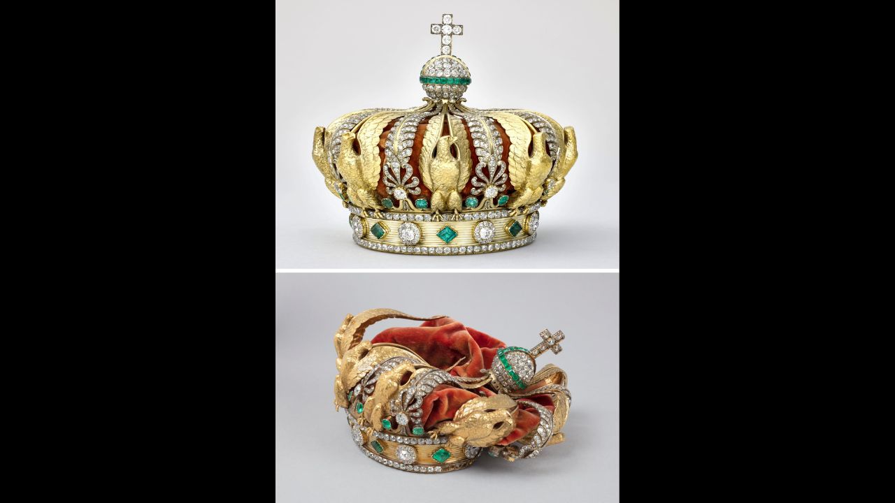In a combo image provided by the museum, The crown of Empress Eugénie, at top before the Louve robbery, top, and, at bottom, after thieves dropped it in the streets of Paris. The Louvre announced it will soon invite restorers to submit proposals for the crown’s repair, a process that will be supervised by a newly formed committee of experts. (S. Maréchalle/RMN-Grand Palas, Musée du Louvre; Thomas Clot/Musée du Louvre via The New York Times