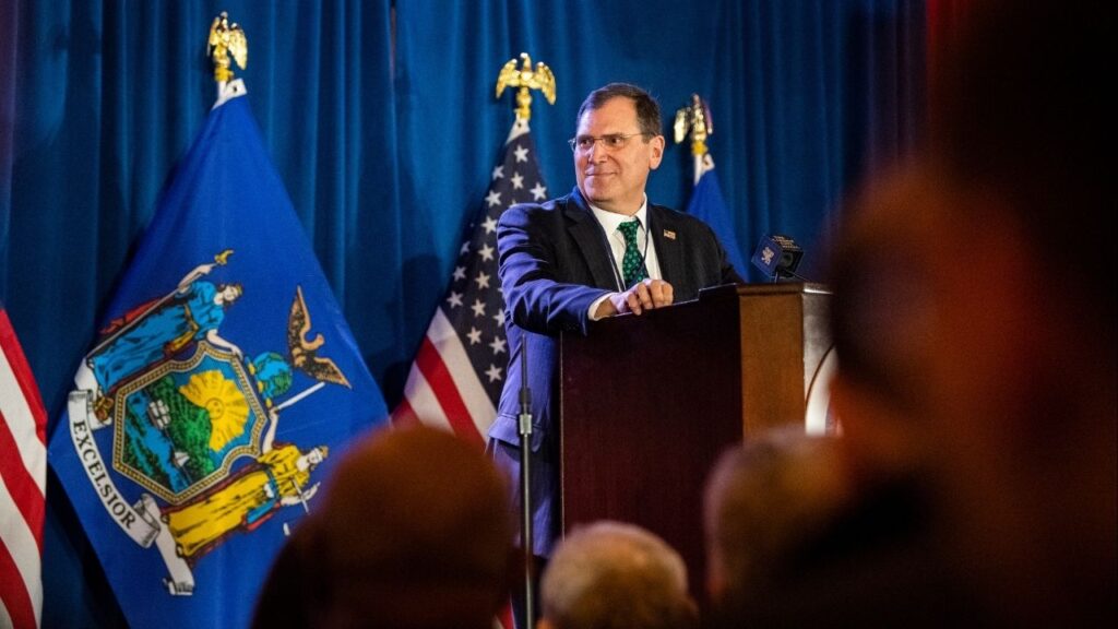 John A. Sarcone III, the interim U.S. attorney for the Northern District of New York, speaks during an event in Garden City, N.Y., Feb. 28, 2022. Federal judges had appointed Donald Kinsella, a veteran litigator, as top prosecutor in the Northern District of New York after Sarcone, the Trump administration’s nominee, was found to be serving unlawfully. (Johnny Milano/The New York Times)