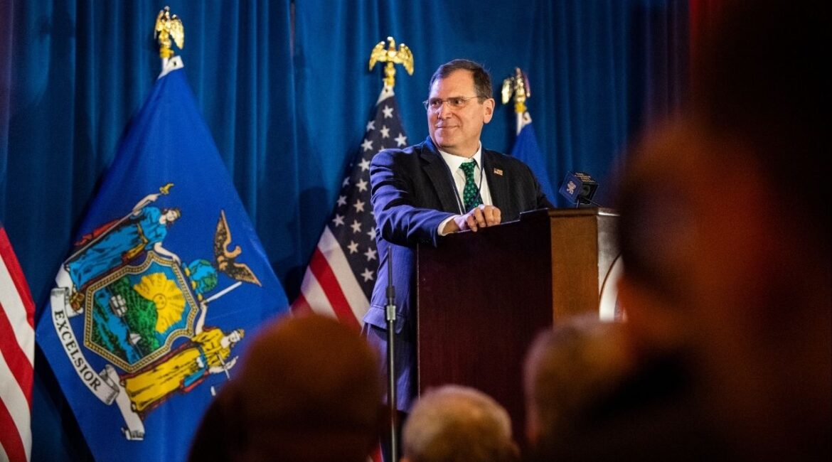 John A. Sarcone III, the interim U.S. attorney for the Northern District of New York, speaks during an event in Garden City, N.Y., Feb. 28, 2022. Federal judges had appointed Donald Kinsella, a veteran litigator, as top prosecutor in the Northern District of New York after Sarcone, the Trump administration’s nominee, was found to be serving unlawfully. (Johnny Milano/The New York Times)