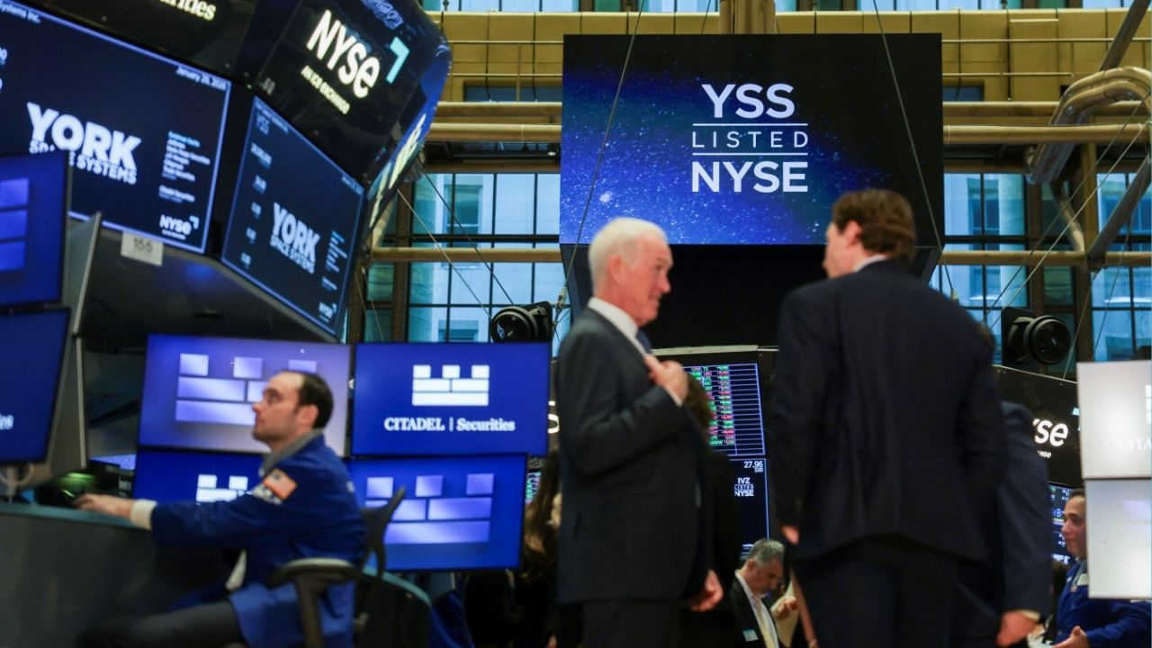 Logos of York Space Systems are displayed on screens during the company's IPO at the New York Stock Exchange (NYSE) in New York City, U.S., January 29, 2026. (Reuters/Jeenah Moon)