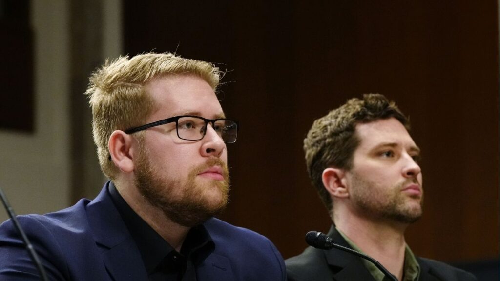 Luke Ganger, left, and Brent Ganger, brothers of Renee Good, who was fatally shot by a federal immigration agent in Minneapolis, appear to testify at a public forum in Washington held by Congressional Democrats on Tuesday, Feb. 3, 2026. Because Democrats are in the minority, the event is not technically a congressional hearing. It will not be part of the congressional record, and Democrats could not subpoena federal officials to testify. (Tierney L. Cross/The New York Times)