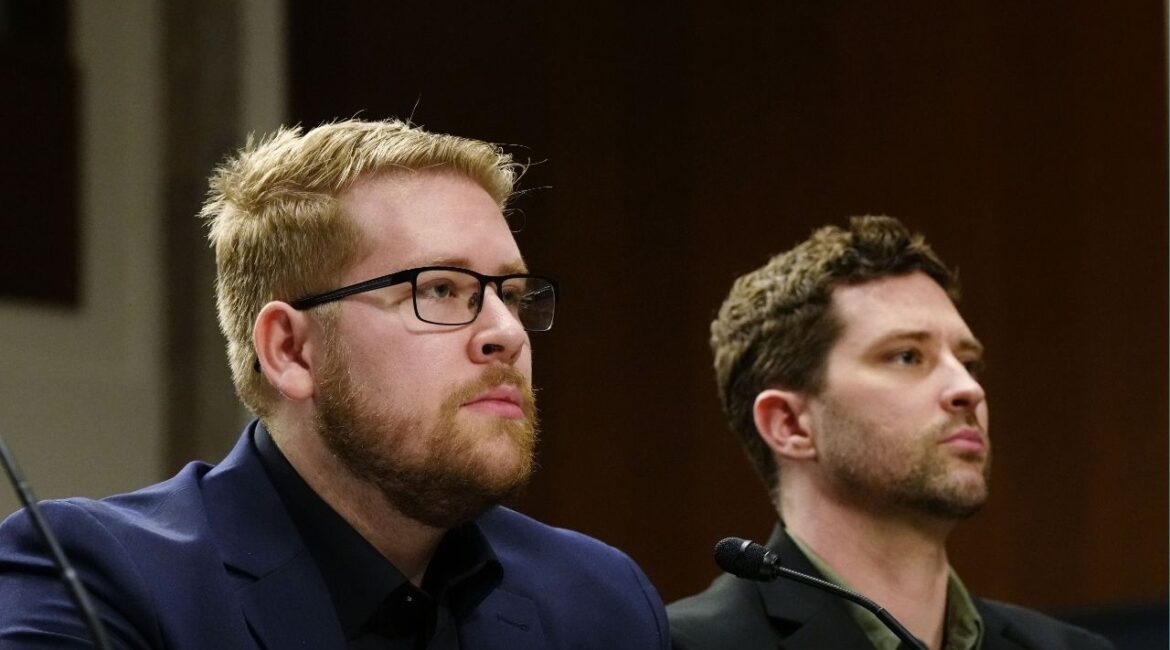 Luke Ganger, left, and Brent Ganger, brothers of Renee Good, who was fatally shot by a federal immigration agent in Minneapolis, appear to testify at a public forum in Washington held by Congressional Democrats on Tuesday, Feb. 3, 2026. Because Democrats are in the minority, the event is not technically a congressional hearing. It will not be part of the congressional record, and Democrats could not subpoena federal officials to testify. (Tierney L. Cross/The New York Times)