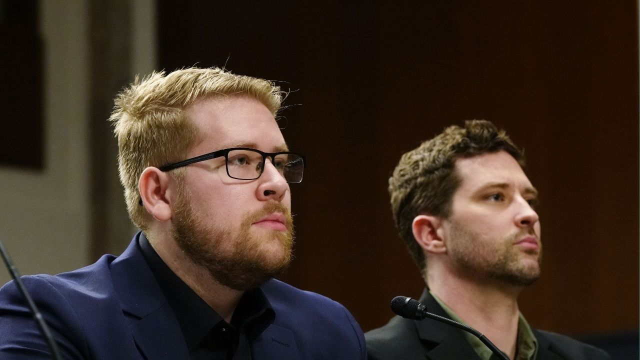 Luke Ganger, left, and Brent Ganger, brothers of Renee Good, who was fatally shot by a federal immigration agent in Minneapolis, appear to testify at a public forum in Washington held by Congressional Democrats on Tuesday, Feb. 3, 2026. Because Democrats are in the minority, the event is not technically a congressional hearing. It will not be part of the congressional record, and Democrats could not subpoena federal officials to testify. (Tierney L. Cross/The New York Times)