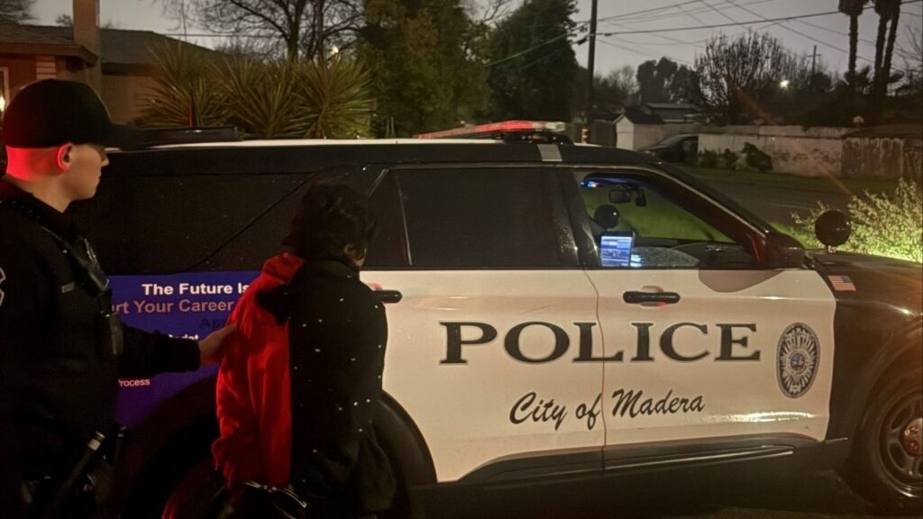 Madera police arrested a 20-year-old man early Thursday, Feb. 19, 2026, on theft and drug charges after responding to a RING app report of a suspicious person checking vehicles in a neighborhood. (Madera PD)