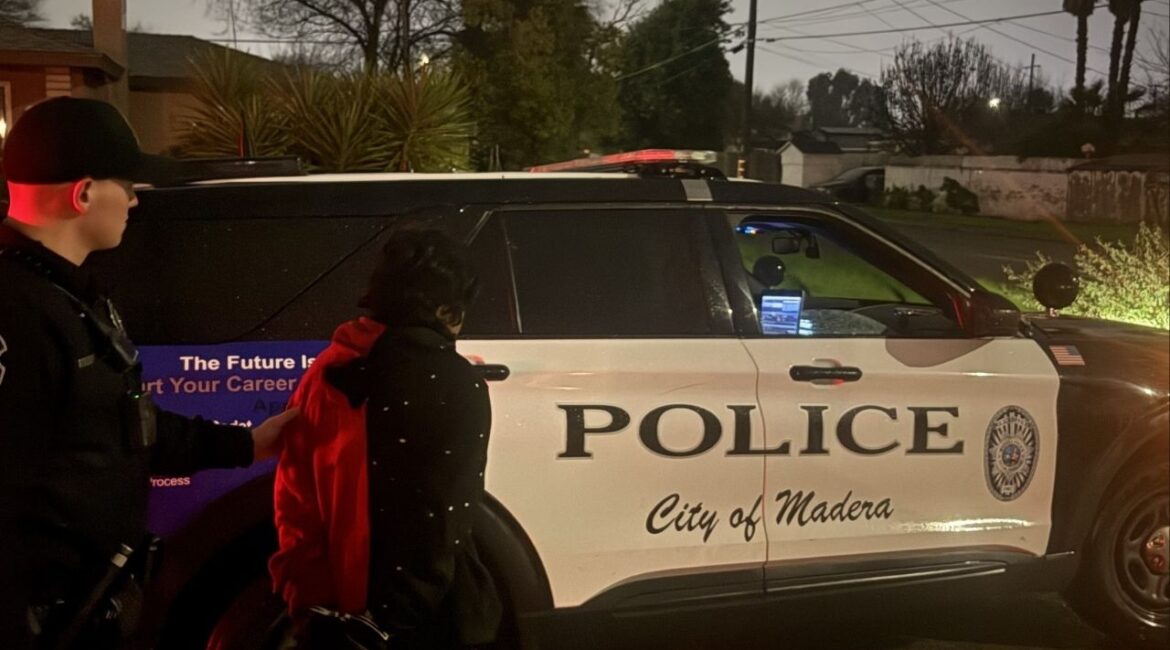 Madera police arrested a 20-year-old man early Thursday, Feb. 19, 2026, on theft and drug charges after responding to a RING app report of a suspicious person checking vehicles in a neighborhood. (Madera PD)