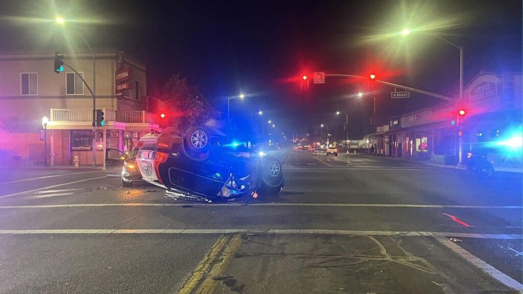 Madera police arrested a suspected DUI driver after a traffic collision Sunday at East Yosemite Avenue and D Street that briefly closed the intersection, with no serious injuries reported. (Madera PD)