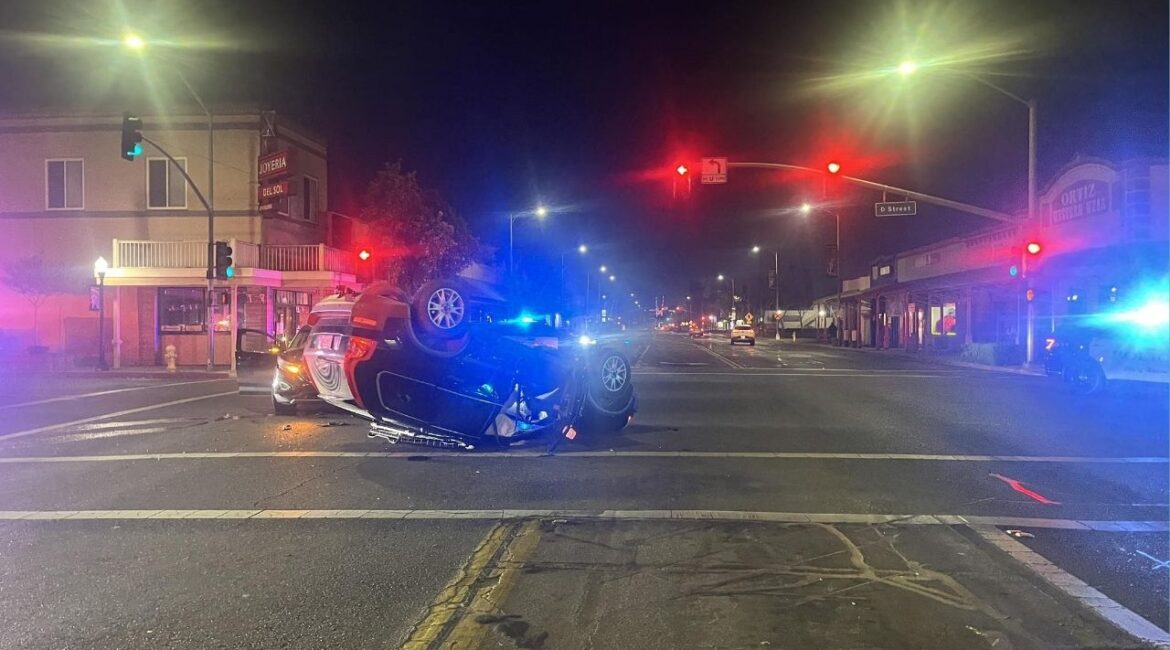 Madera police arrested a suspected DUI driver after a traffic collision Sunday at East Yosemite Avenue and D Street that briefly closed the intersection, with no serious injuries reported. (Madera PD)