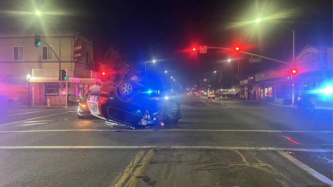 Madera police arrested a suspected DUI driver after a traffic collision Sunday at East Yosemite Avenue and D Street that briefly closed the intersection, with no serious injuries reported. (Madera PD)