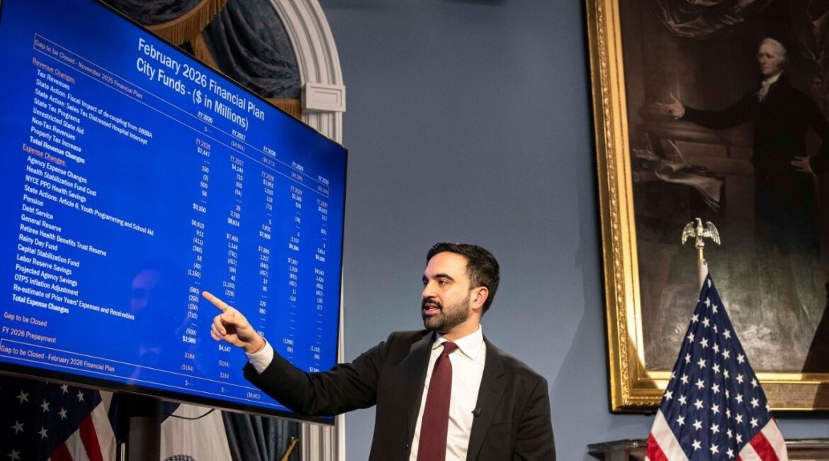 Mayor Zohran Mamdani of New York discusses the upcoming yearly budget at City Hall in New York, Feb. 17, 2026. Mamdani has proposed raising the property tax rate in New York City as a “last-resort” option in case state officials do not raise taxes on high earners. (Dave Sanders/The New York Times)