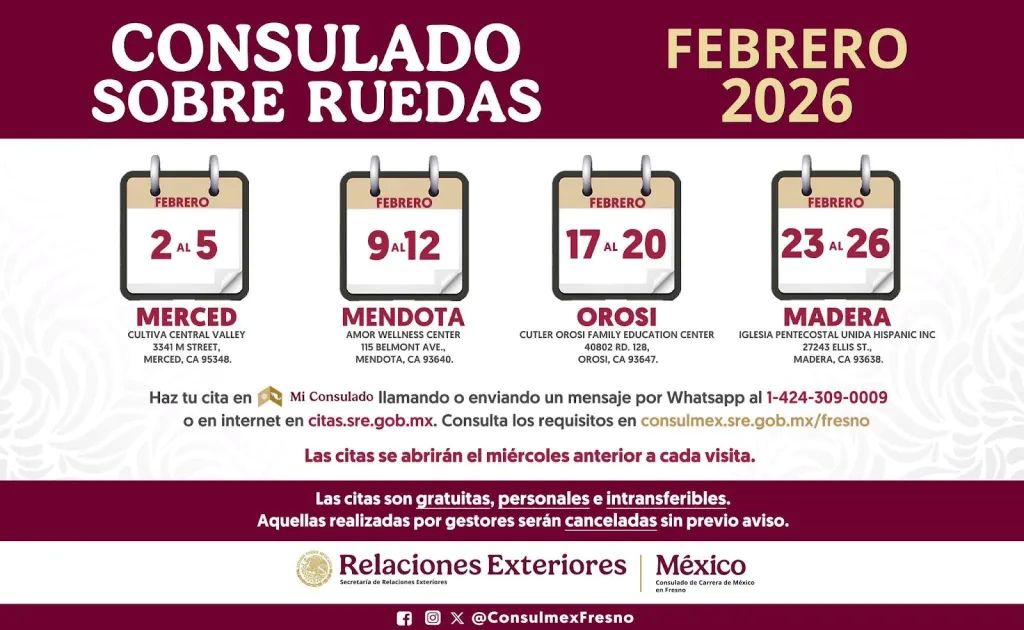 Schedule for Mexican Consulate Services in Merced, Mendota, Orosi, Madera