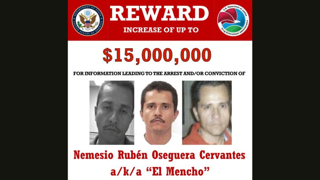 Mexican drug lord Nemesio Oseguera Cervantes, also known as El Mencho, appears in undated photographs in a wanted poster on the U.S. Department of State website with a $15 million reward offered for information leading to his arrest. Mexico's defense ministry said a shootout in the western state of Jalisco left Oseguera seriously injured and he died during an air transfer to Mexico City. State Department/Handout via REUTERS.