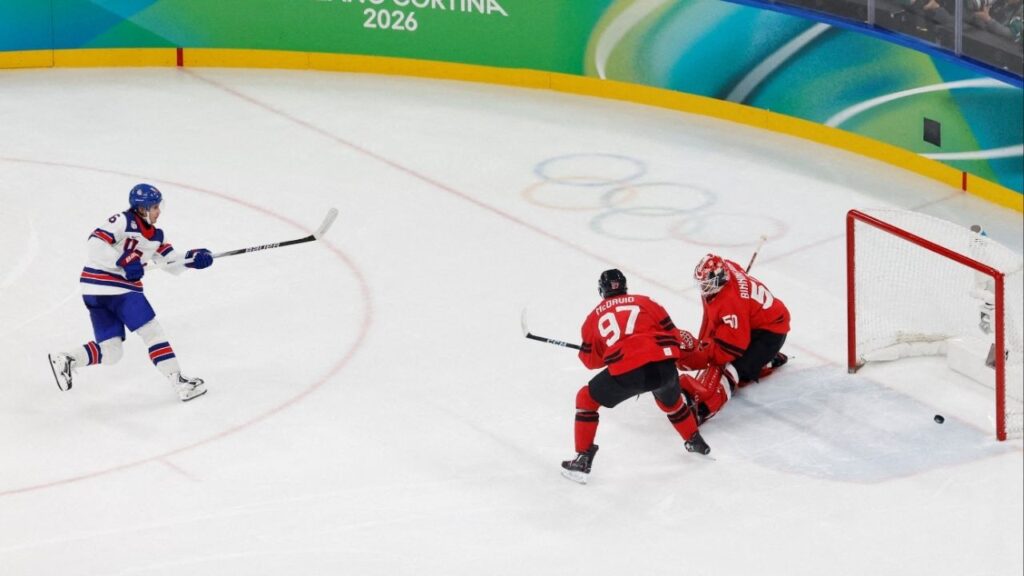 Milano Cortina 2026 Olympics - Ice Hockey - Men's Gold Medal Game - Canada vs United States - Milano Santagiulia Ice Hockey Arena, Milan, Italy - February 22, 2026. Jack Hughes of United States scores their second goal in overtime to win gold REUTERS/David W Cerny