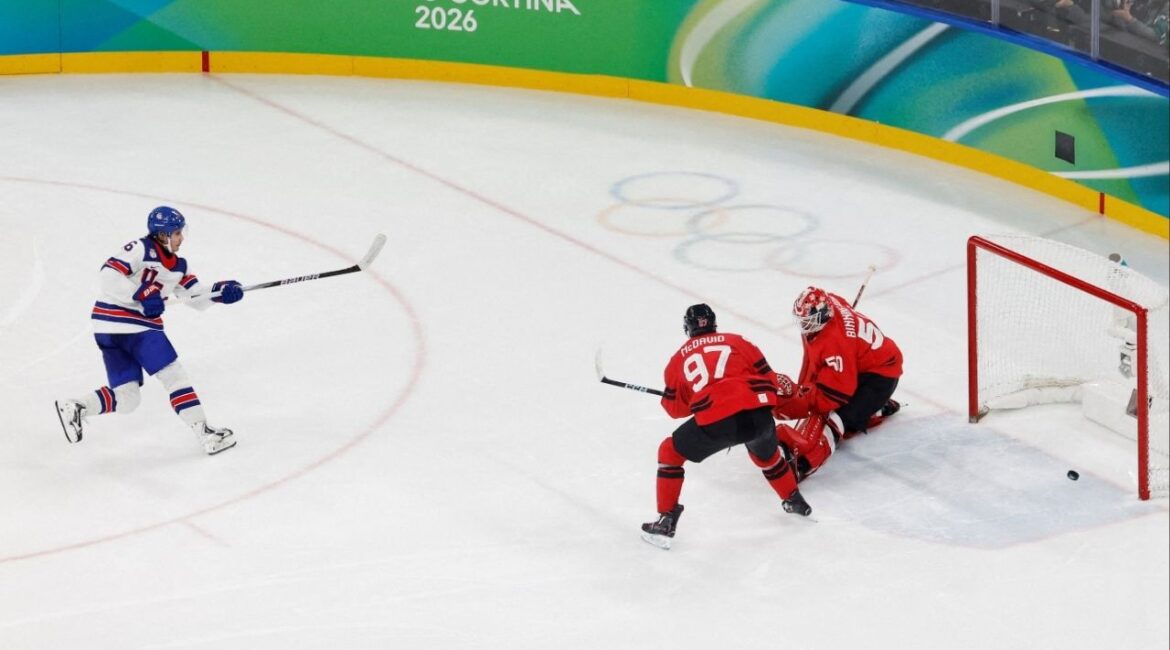 Milano Cortina 2026 Olympics - Ice Hockey - Men's Gold Medal Game - Canada vs United States - Milano Santagiulia Ice Hockey Arena, Milan, Italy - February 22, 2026. Jack Hughes of United States scores their second goal in overtime to win gold REUTERS/David W Cerny