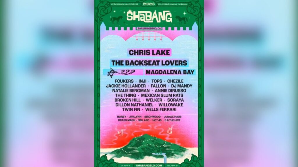 Organizers of the Shabang Music Festival unveiled the full lineup Thursday, Feb. 19, 2026, for the May 2–3 event at California’s Dairy Creek Golf Course, headlined by Chris Lake, The Backseat Lovers, and Magdalena Bay, with tickets on sale Feb. 24, 2026. (Shabang)