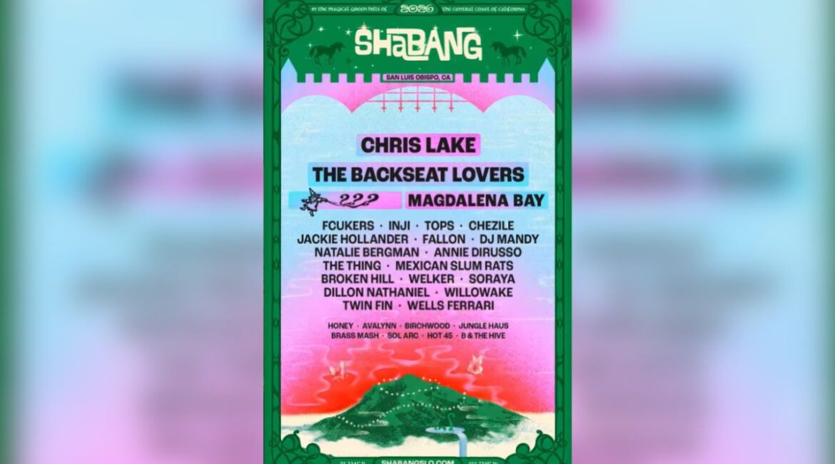 Organizers of the Shabang Music Festival unveiled the full lineup Thursday, Feb. 19, 2026, for the May 2–3 event at California’s Dairy Creek Golf Course, headlined by Chris Lake, The Backseat Lovers, and Magdalena Bay, with tickets on sale Feb. 24, 2026. (Shabang)