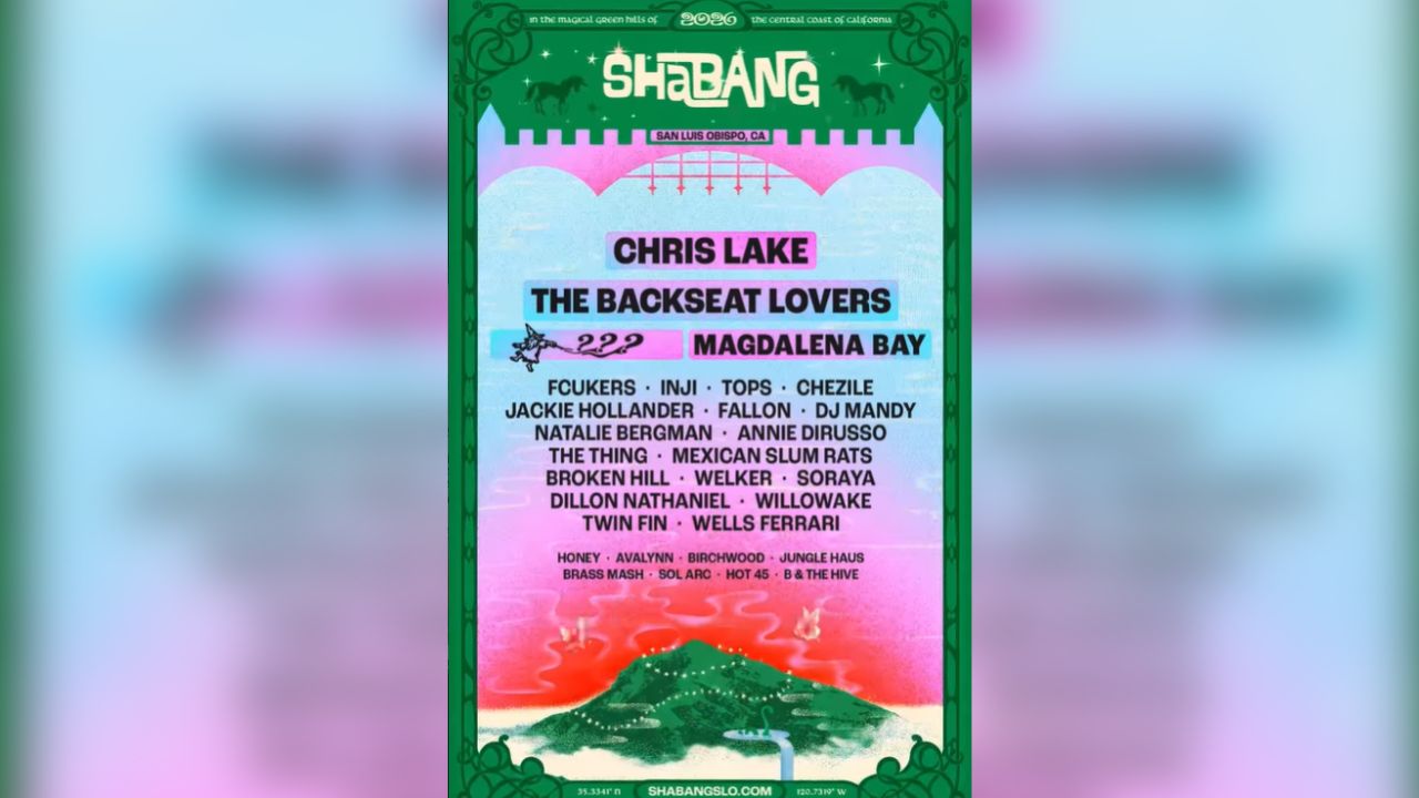Organizers of the Shabang Music Festival unveiled the full lineup Thursday, Feb. 19, 2026, for the May 2–3 event at California’s Dairy Creek Golf Course, headlined by Chris Lake, The Backseat Lovers, and Magdalena Bay, with tickets on sale Feb. 24, 2026. (Shabang)