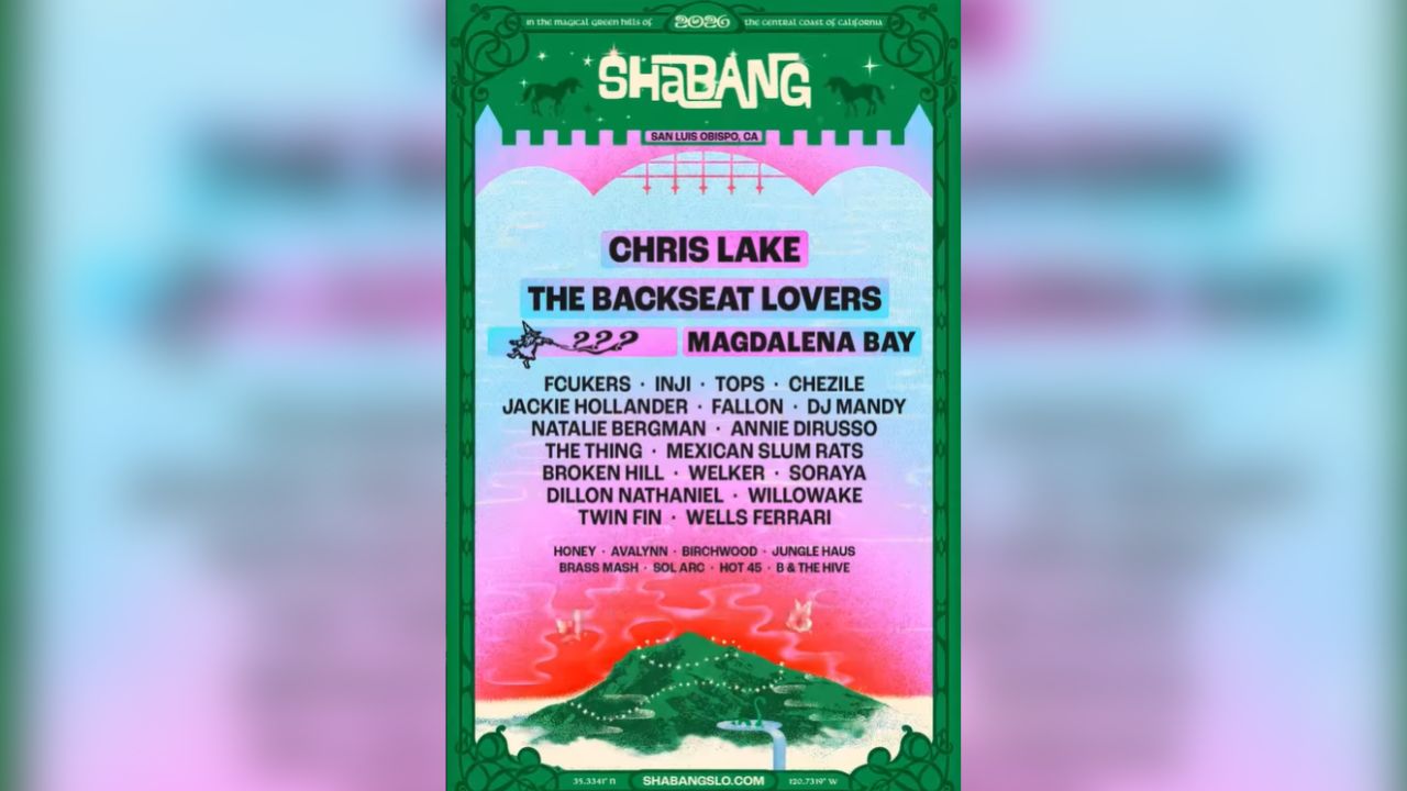 Organizers of the Shabang Music Festival unveiled the full lineup Thursday, Feb. 19, 2026, for the May 2–3 event at California’s Dairy Creek Golf Course, headlined by Chris Lake, The Backseat Lovers, and Magdalena Bay, with tickets on sale Feb. 24, 2026. (Shabang)