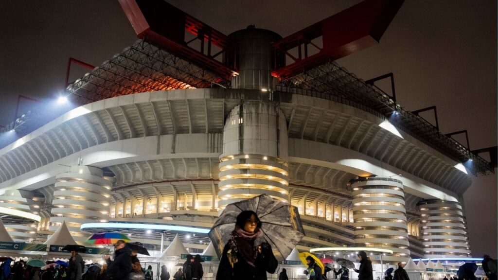 Outside San Siro Stadium in Milan, a venue for the 2026 Milan Cortina Winter Olympics, on Wednesday, Feb. 5, 2026. (Vincent Alban/The New York Times)