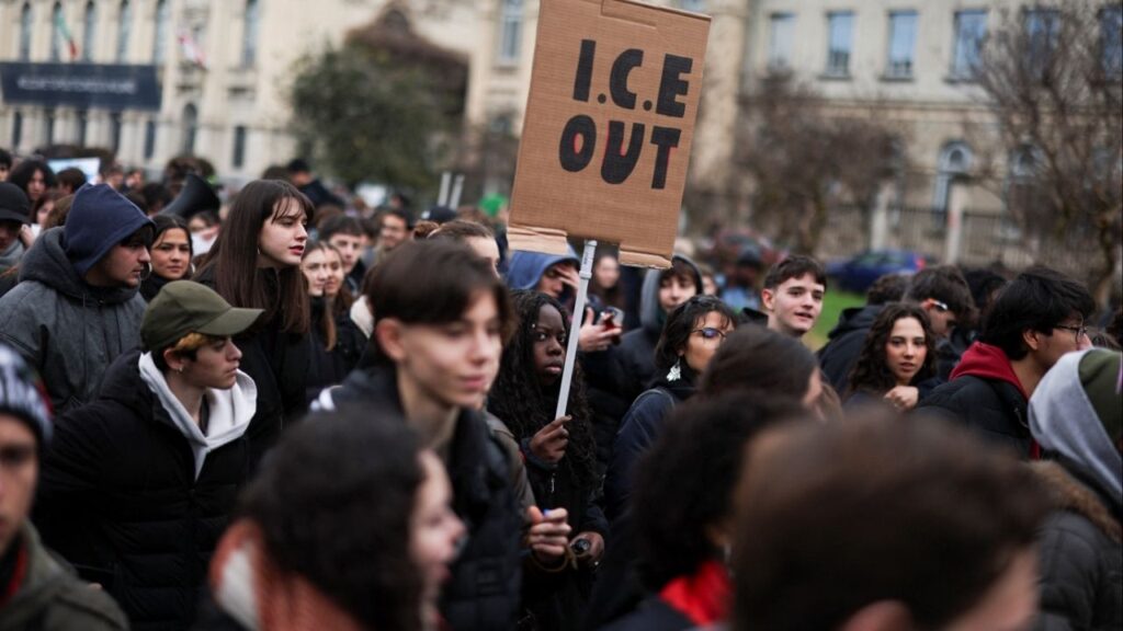 People protest against U.S. Immigration and Customs Enforcement (ICE) personnel who will help protect U.S. delegations at the Milano Cortina 2026 Winter Olympics, in Milan, Italy, February 6, 2026. (Reuters/Alkis Konstantinidis)
