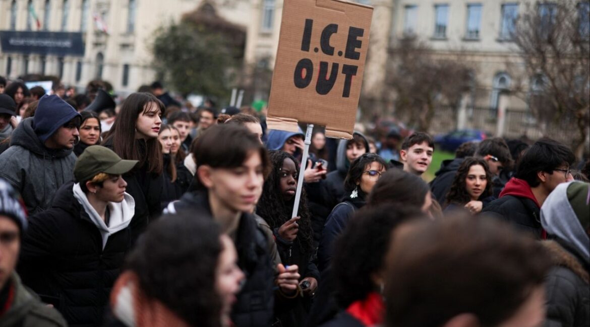 People protest against U.S. Immigration and Customs Enforcement (ICE) personnel who will help protect U.S. delegations at the Milano Cortina 2026 Winter Olympics, in Milan, Italy, February 6, 2026. (Reuters/Alkis Konstantinidis)