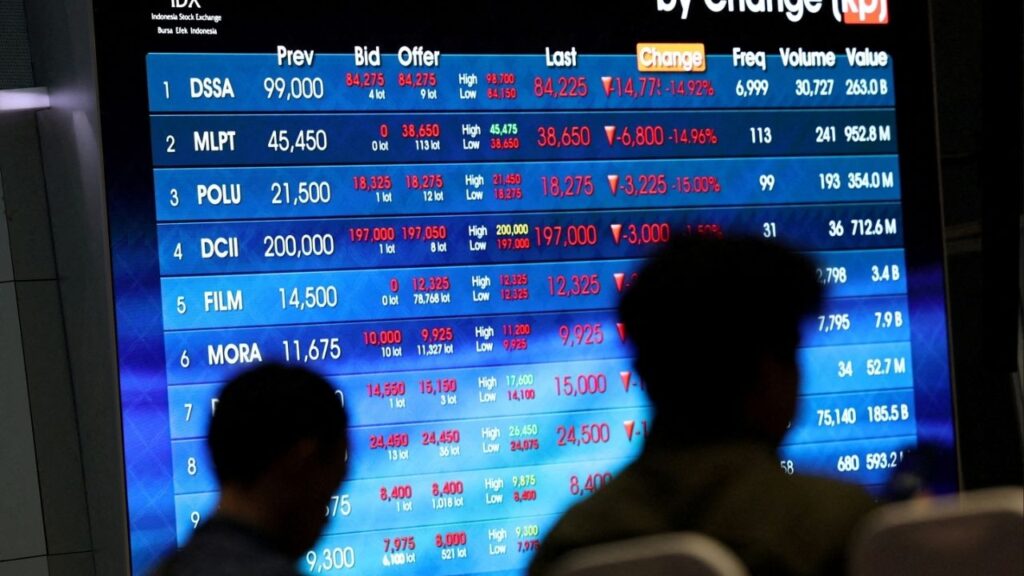 People sit near an electronic board showing stock market index at the Indonesia Stock Exchange (IDX) in Jakarta, Indonesia, February 2, 2026. (Reuters File)
