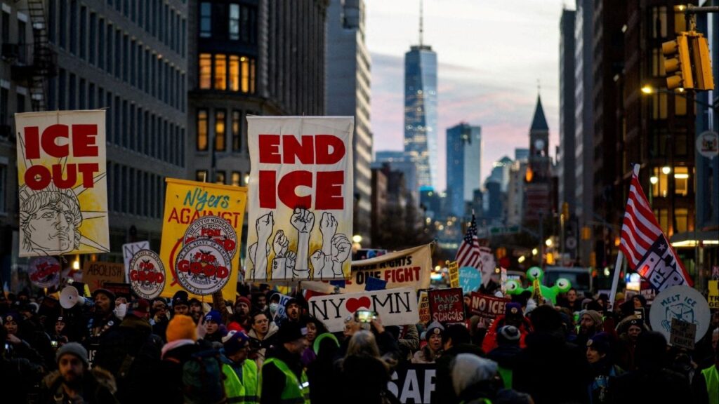 People take part in a protest in solidarity with Minneapolis and against U.S. President Donald Trump and U.S. Immigration and Customs Enforcement (ICE), in New York City, U.S., January 23, 2026. ( (1)