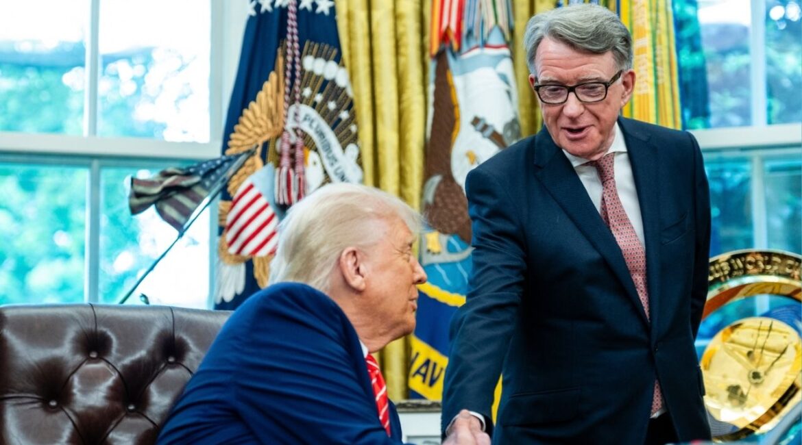 Peter Mandelson, the British ambassador to the U.S., shakes hands with President Donald Trump during the announcement of a trade agreement with Britain in the Oval Office of the White House in Washington, on Thursday, May 8, 2025. Newly released documents detailed connections between the convicted sex offender Jeffrey Epstein and Peter Mandelson, who was picked to be the U.S. envoy by the British prime minister, Keir Starmer. (Eric Lee/The New York Times)