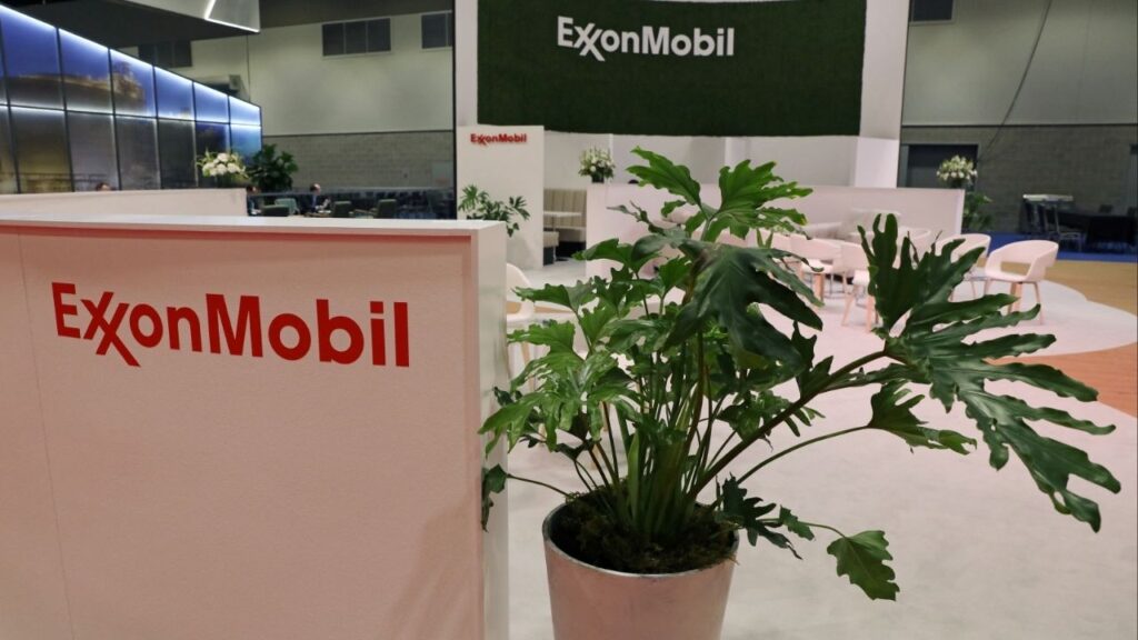 Plants are displayed at the booth of American multinational oil and gas corporation ExxonMobil during the LNG 2023 energy trade show in Vancouver, British Columbia, Canada, July 12, 2023. (Reuters/Chris Helgren)