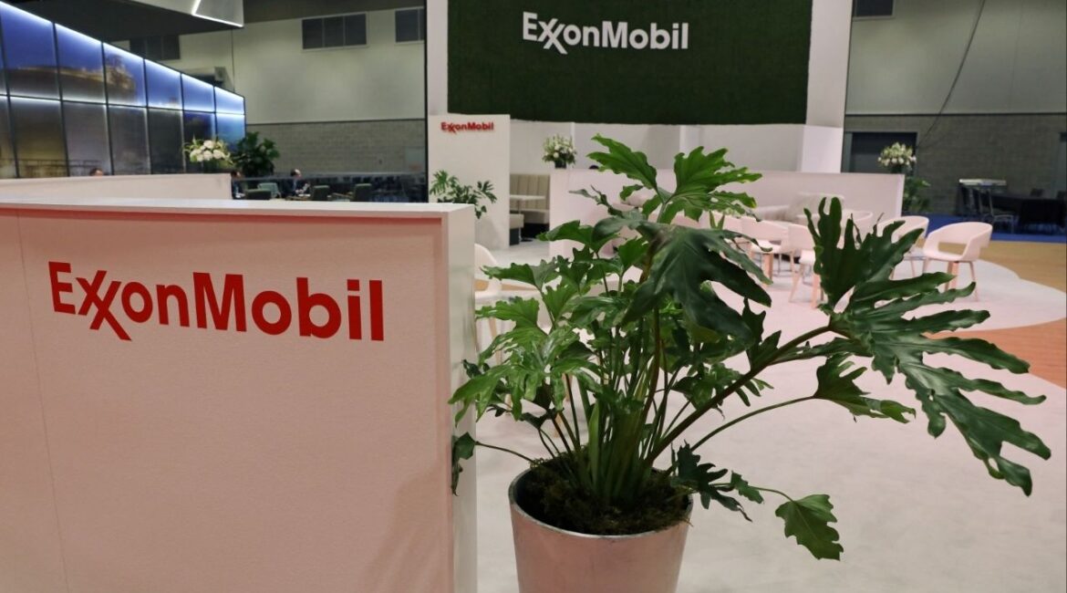 Plants are displayed at the booth of American multinational oil and gas corporation ExxonMobil during the LNG 2023 energy trade show in Vancouver, British Columbia, Canada, July 12, 2023. (Reuters/Chris Helgren)
