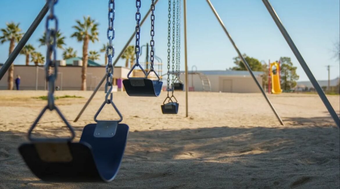 Playground equipment at Gateway Elementary School, part of the Sierra Sands Unified School District, in Ridgecrest on Feb. 2, 2026. The school does not have funds for playground upgrades. Photo by Jules Hotz for CalMatters