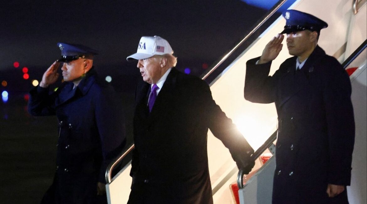 President Donald Trump arrives at Joint Base Andrews in Maryland, U.S., February 19, 2026. (Reuters/Kevin Lamarque)