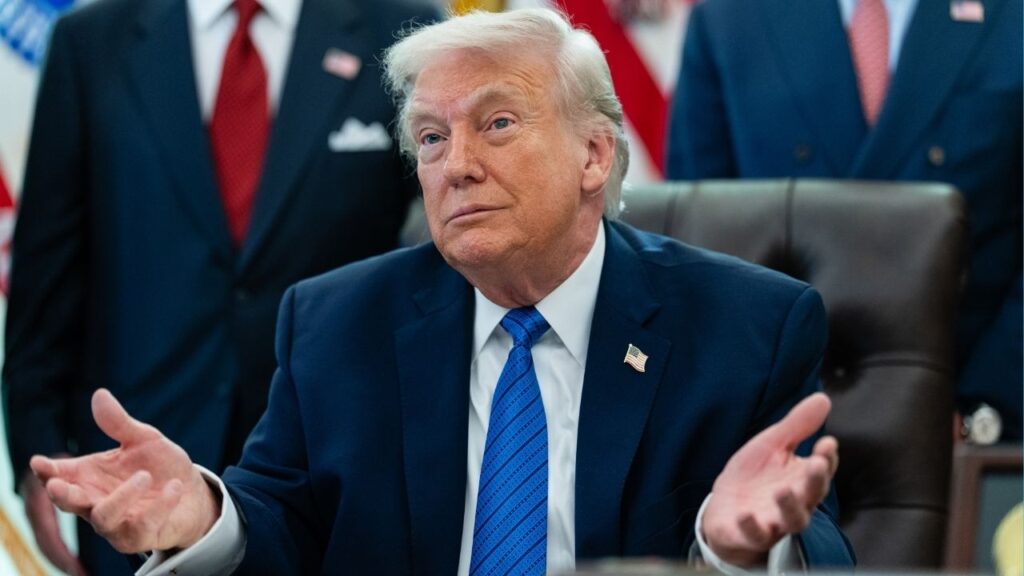 President Donald Trump gestures during a ceremony where he signed an executive order in the Oval Office of the White House in Washington, Jan. 30, 2026. The Justice Department looked into sexual misconduct allegations against President Trump in connection with the sex offender Jeffrey Epstein but did not find credible information to merit further investigation, Todd Blanche, the deputy attorney general, said on Sunday. (Eric Lee/The New York Times)