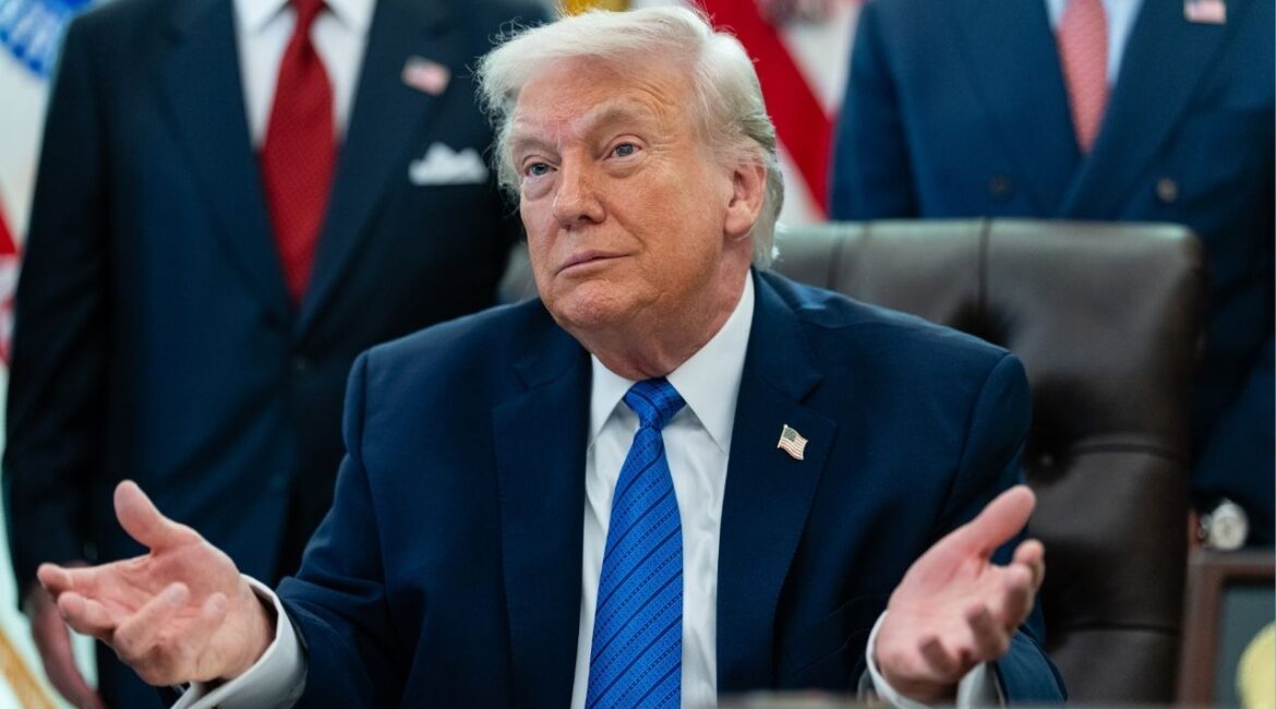 President Donald Trump gestures during a ceremony where he signed an executive order in the Oval Office of the White House in Washington, Jan. 30, 2026. The Justice Department looked into sexual misconduct allegations against President Trump in connection with the sex offender Jeffrey Epstein but did not find credible information to merit further investigation, Todd Blanche, the deputy attorney general, said on Sunday. (Eric Lee/The New York Times)